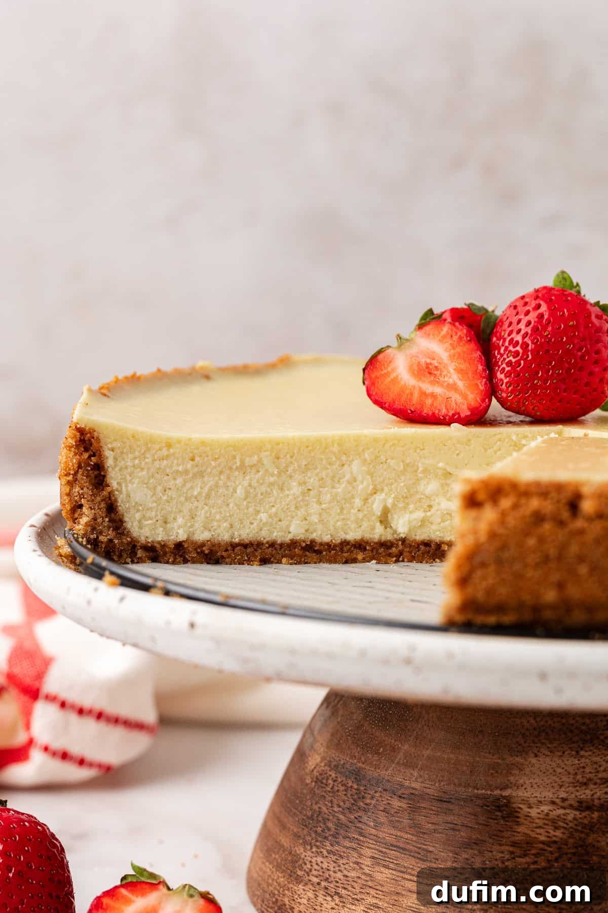 A slice removed from a classic cheesecake, revealing its smooth, dense, and perfectly cooked interior, ready to be enjoyed.