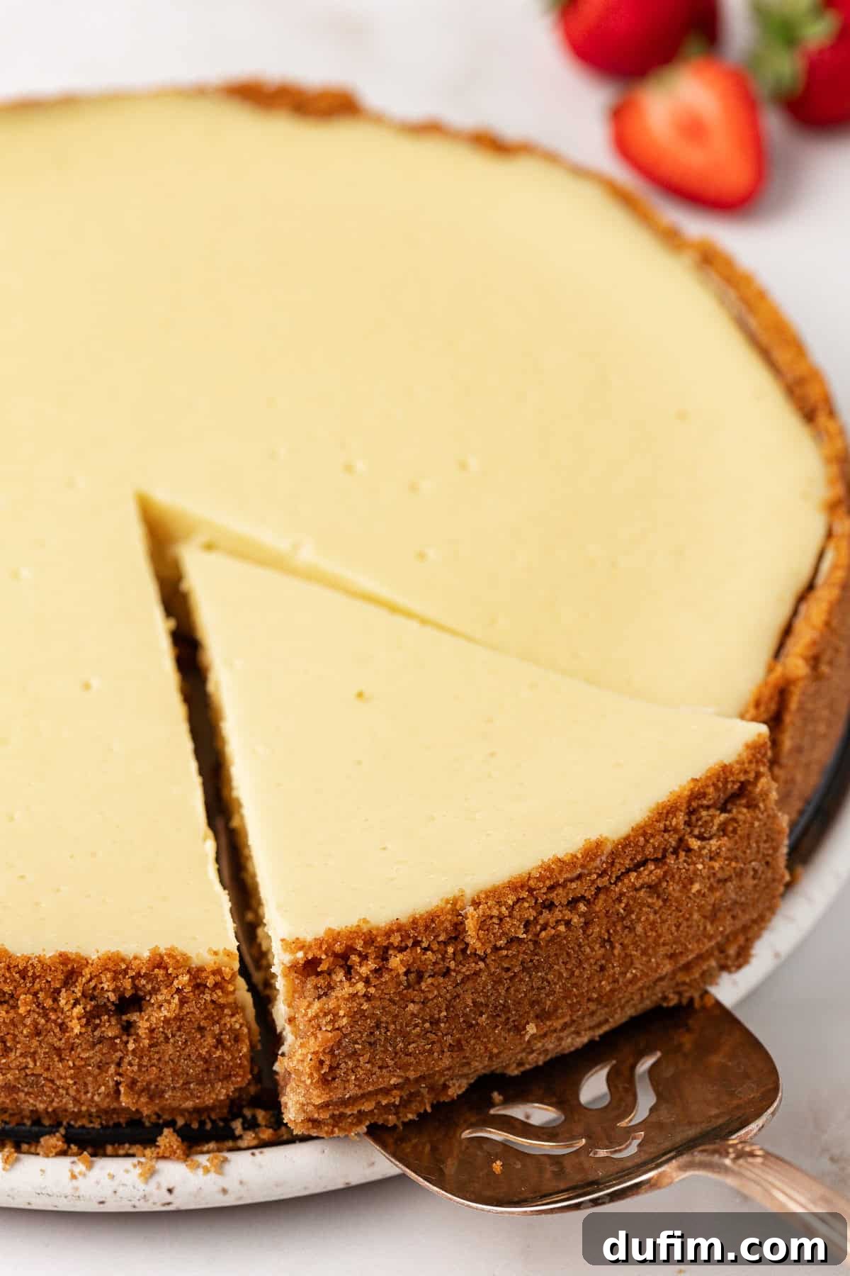 A large, perfectly baked classic cheesecake with a slice elegantly cut and removed, highlighting its pristine texture and golden crust.
