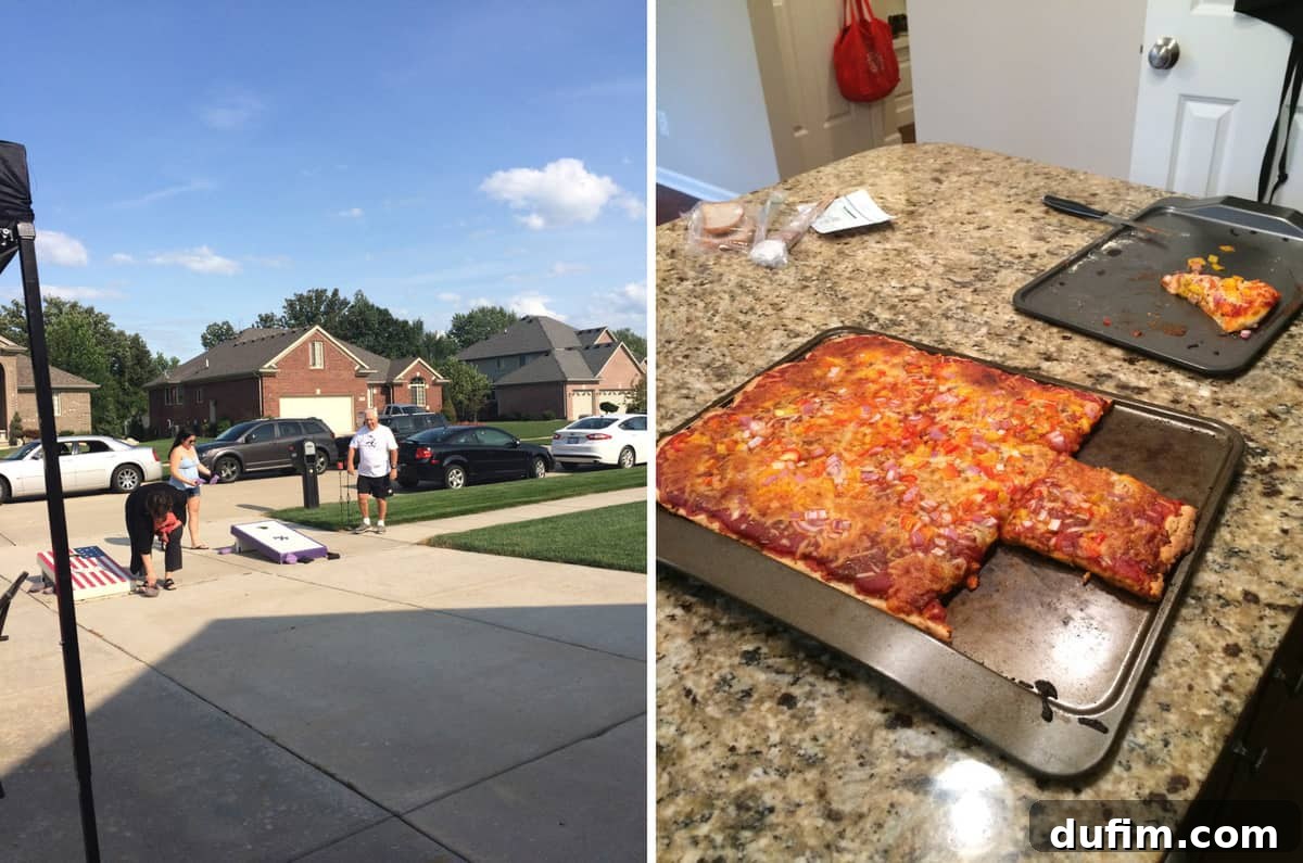 August 2017: Beyond the Culinary Canvas 3 A group of people enjoying a competitive game of bag toss (cornhole) outdoors, followed by a close-up of a homemade gluten-free pizza, golden and delicious.