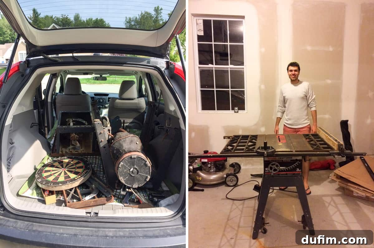 August 2017: Beyond the Culinary Canvas 9 A successful garage sale haul, showcasing a table saw, a full set of golf clubs, and a dart board, all acquired for a great price.