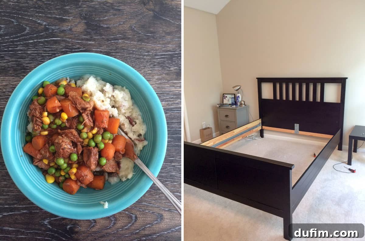 August 2017: Beyond the Culinary Canvas 10 A hearty and comforting Crock-Pot Shepherd's Pie served for dinner, alongside a work-in-progress photo of a bed frame being painted white.