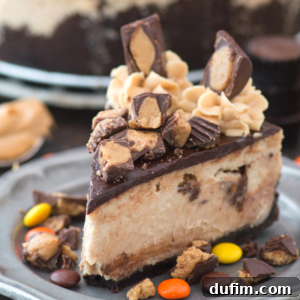 A slice of Reeses cheesecake with a chocolate crust, topped with chocolate pieces, peanut butter cups, frosting swirls, and surrounded by colorful candy on a plate.