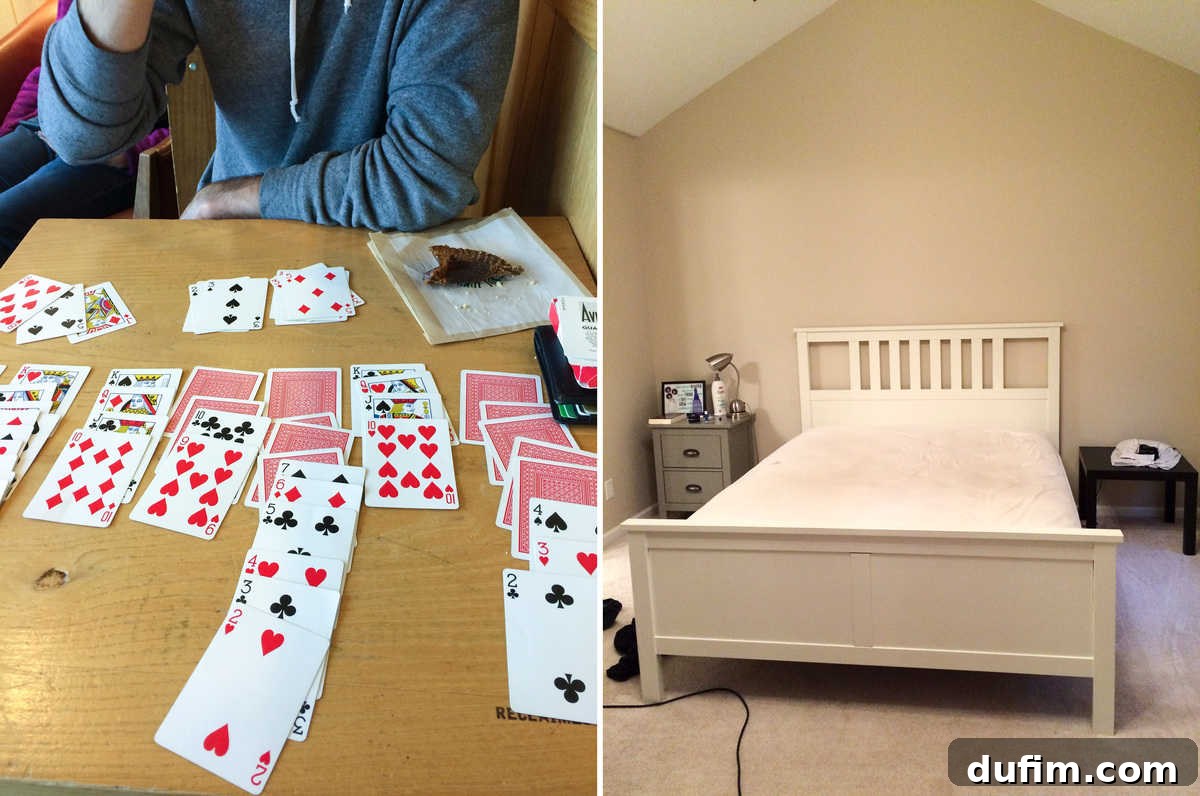 Ryan and I playing a two-person solitaire card game, followed by a close-up of a freshly painted white bed frame