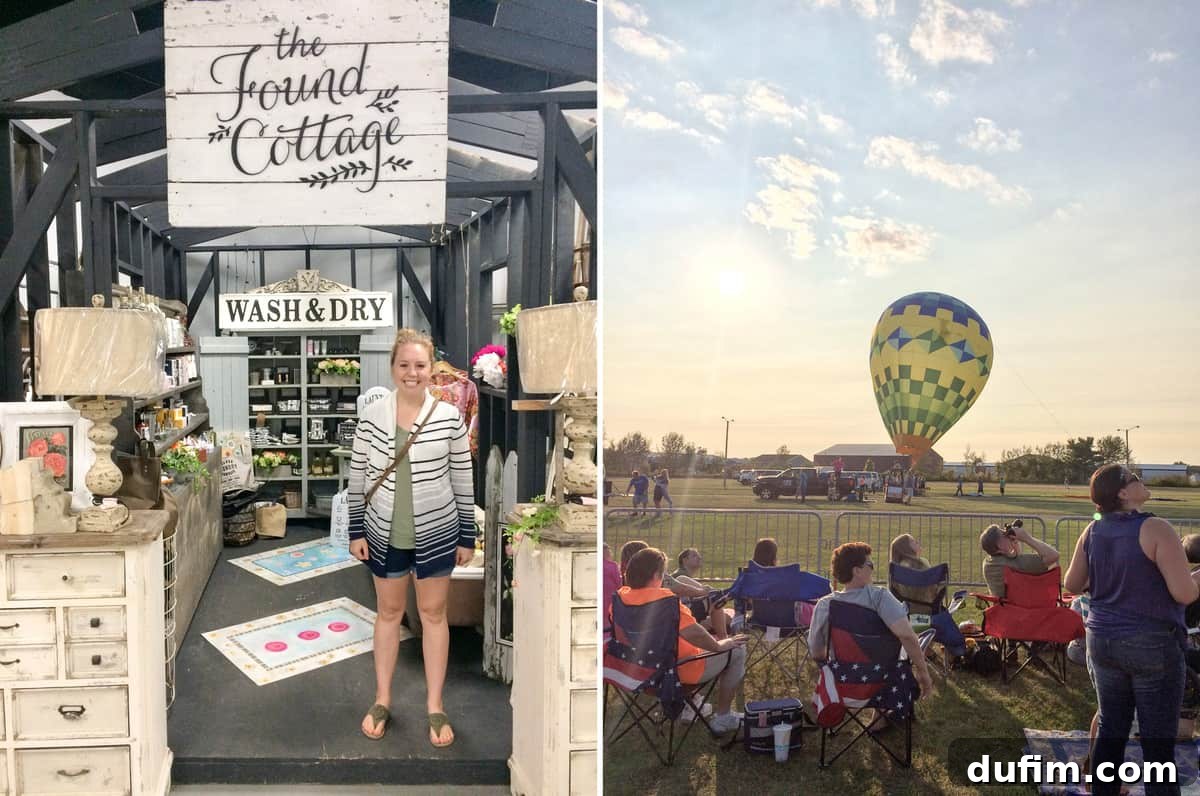 The exterior of 'The Found Cottage' flea market store, followed by multiple hot air balloons being inflated and launched into the sky