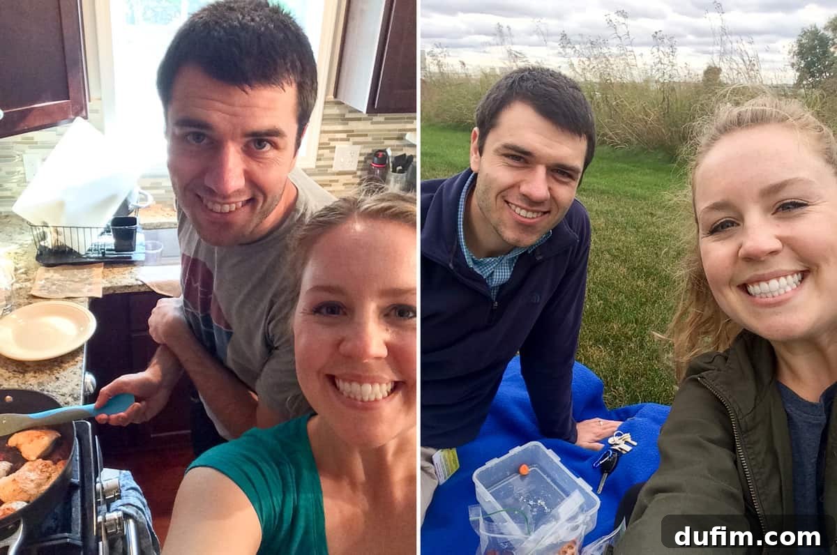 Ryan and I cooking together in our kitchen, followed by a selfie of us during a lunch picnic outdoors