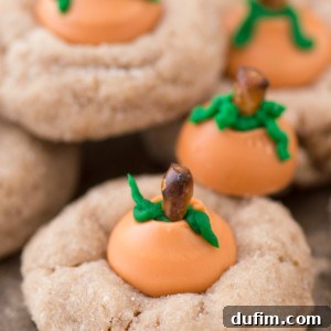 Delicious pumpkin blossom cookies with pumpkin spice Kisses, green buttercream leaves, and pretzel stems, ideal for autumn festivities.