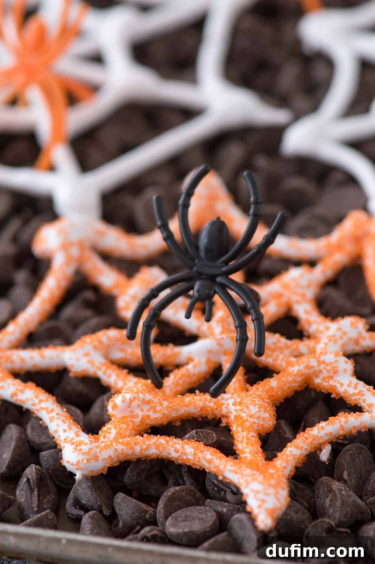 Lacy Meringue Webs 4 An easy Halloween treat - edible spider web meringues! Display these spider webs with plastic spider rings for a spooky look!