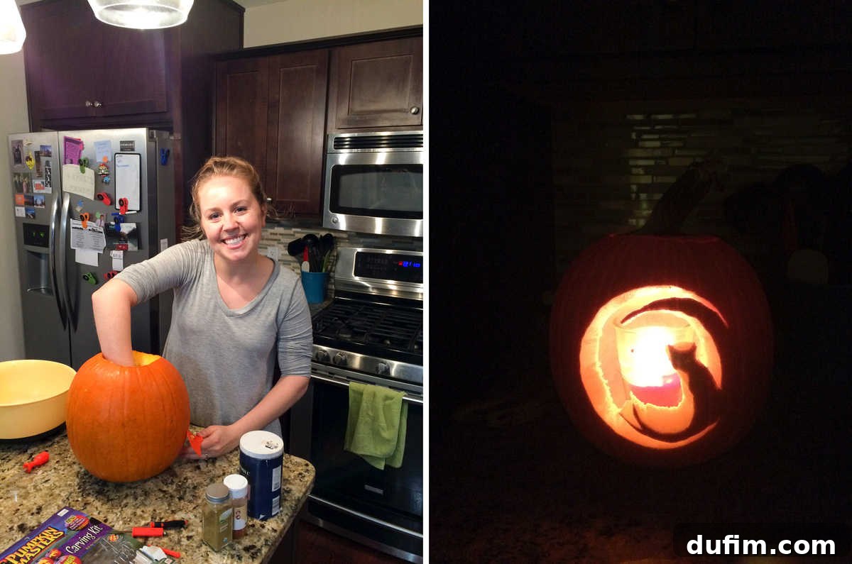 A creatively carved pumpkin featuring a distinct cat design, illuminated from within, showcasing a festive Halloween decoration.