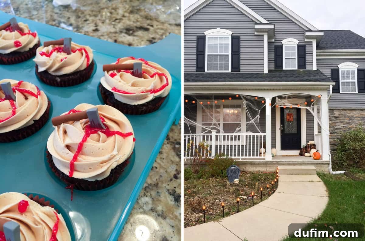 A house exterior fully decorated for Halloween with festive lights, spooky elements, and autumnal decorations, creating a welcoming facade.