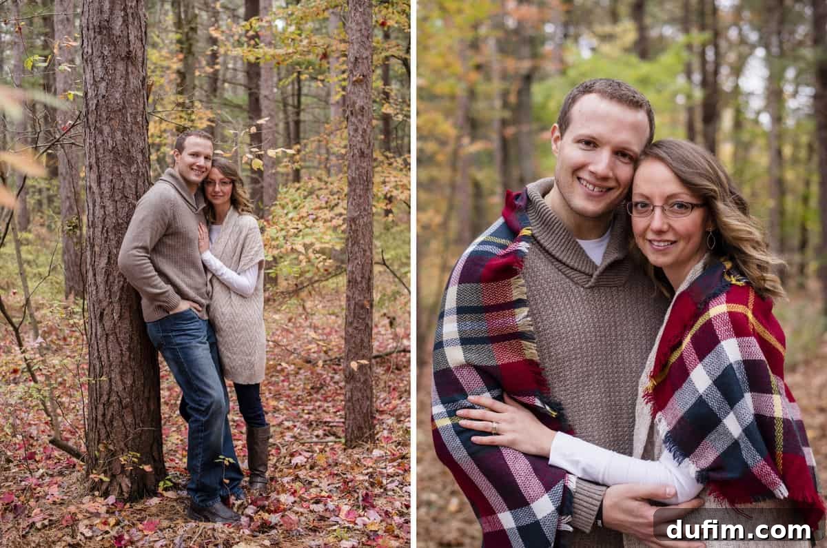 A warm and inviting portrait of a couple, Steph and Neil, posing outdoors, taken by a friend.
