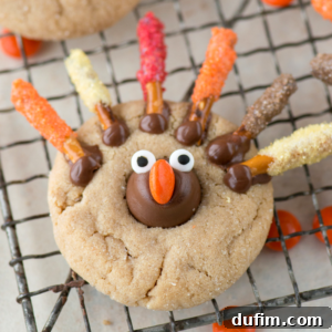 A Thanksgiving cookie shaped like a turkey, with candy eyes, an orange candy beak, a chocolate candy body, and colorful pretzel sticks as feathers resting on a cooling rack.