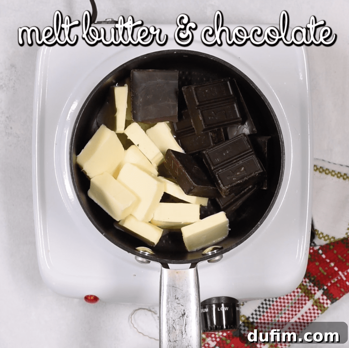 Fudgy Crinkle Delights 4 Unsalted butter and chopped unsweetened chocolate melting together in a small saucepan over gentle heat.