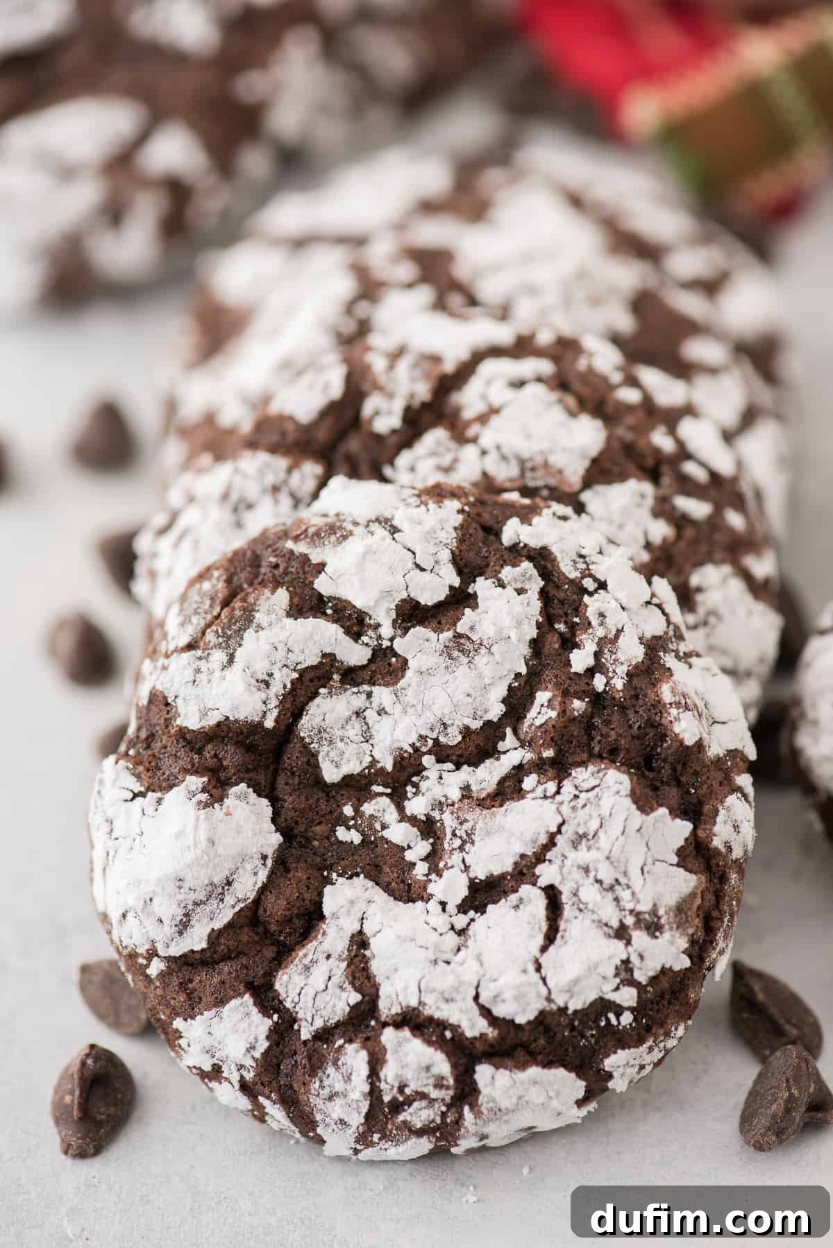 Fudgy Crinkle Delights 10 A collection of perfectly crinkled chocolate cookies, coated in powdered sugar, elegantly displayed on a minimalist gray surface.
