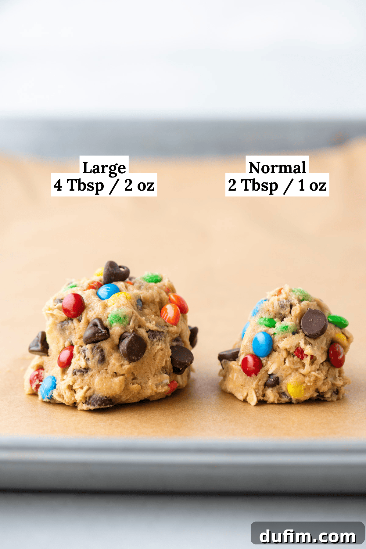 A baking tray showcasing two scoops of monster cookie dough: one prominently labeled 'Large (4 Tbsp/2 oz)' and another 'Normal (2 Tbsp/1 oz)'. Both scoops are generously studded with colorful candy pieces and chocolate chips, highlighting the different sizes for baking.
