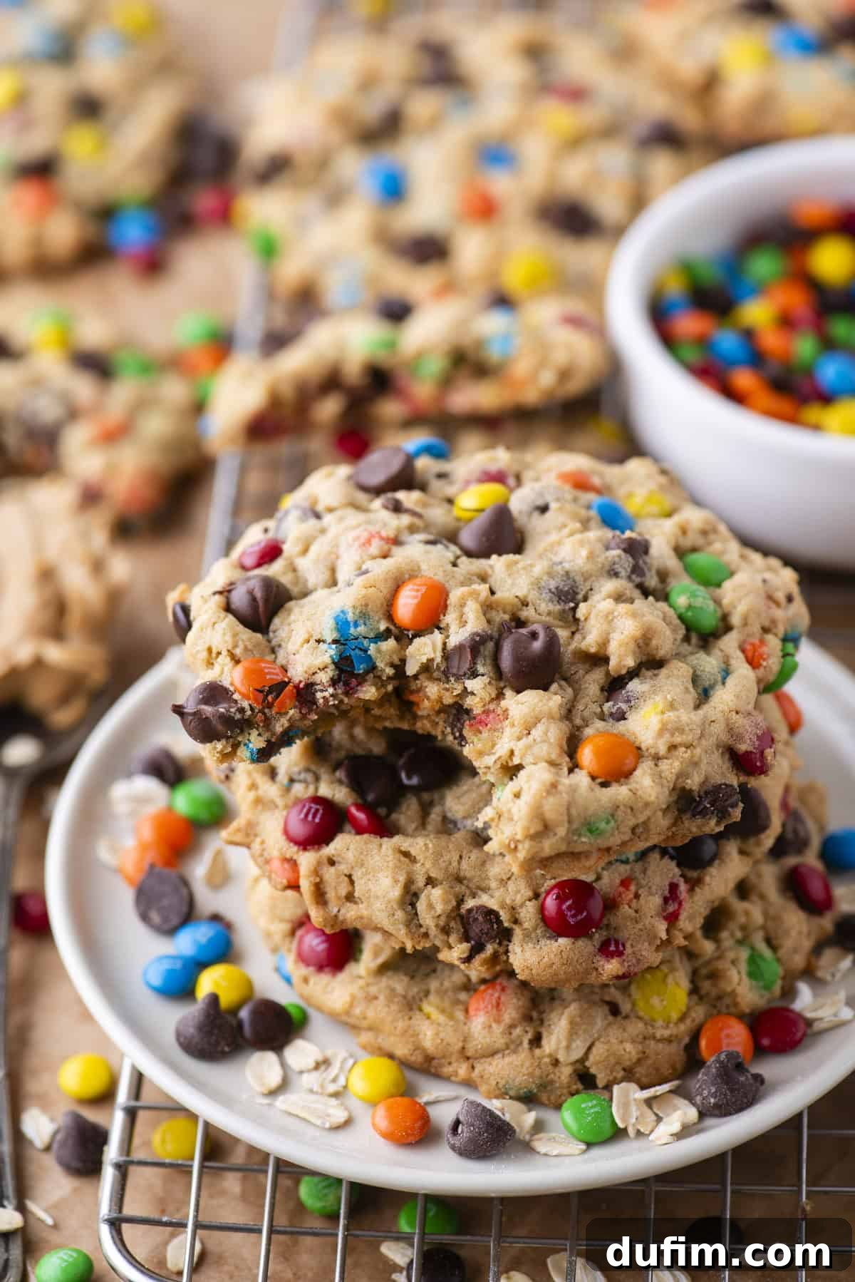 A delectable stack of colorful monster cookies, brimming with chocolate chips and vibrant candy-coated chocolates, sits invitingly on a pristine white plate. One cookie at the top reveals a tantalizing bite taken out, hinting at its soft, chewy texture. More cookies and a bowl of assorted candies are artfully arranged in the background, completing a delightful dessert tableau.