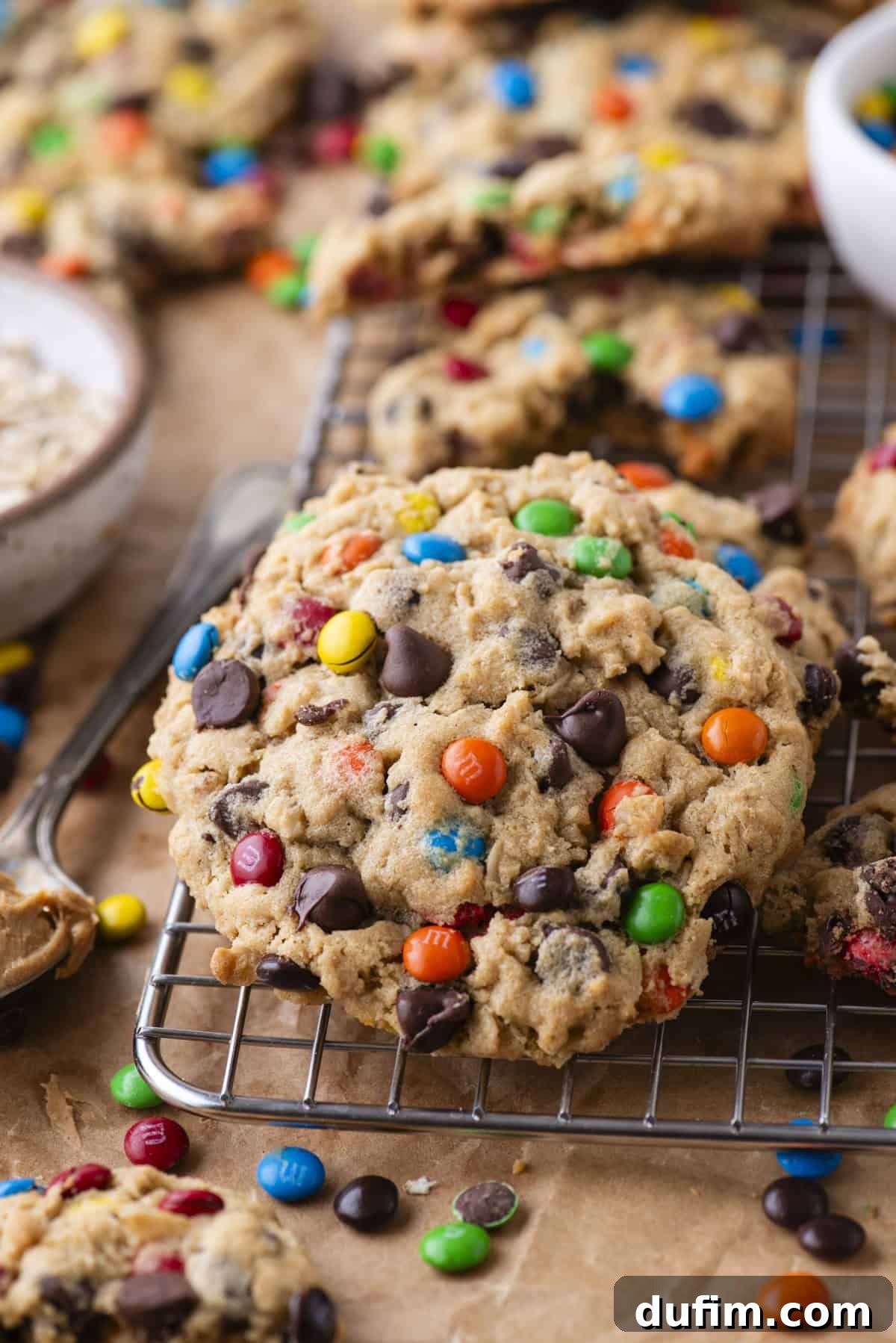 A captivating close-up of vibrant monster cookies, richly adorned with colorful M&M candies and glistening chocolate chips, cooling gracefully on a wire rack. In the softly blurred background, more delectable cookies and scattered candies complete the tempting scene, highlighting their delicious texture and inviting appearance.