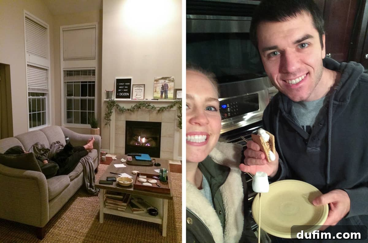 November's Gastronomic Adventures 4 A cat named Salsa curled up asleep on a man's lap on a couch, and a hand holding a s'mores stick over a gas stove flame.