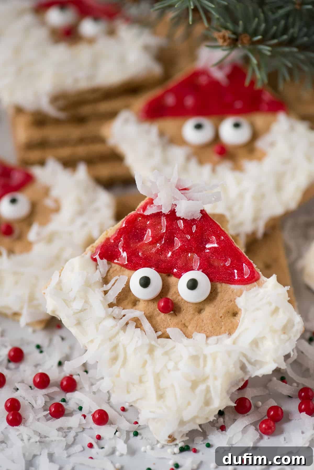 Close-up of a finished Santa Graham Cracker, showcasing the detailed frosting beard, coconut trim, candy eyes, and red hat.