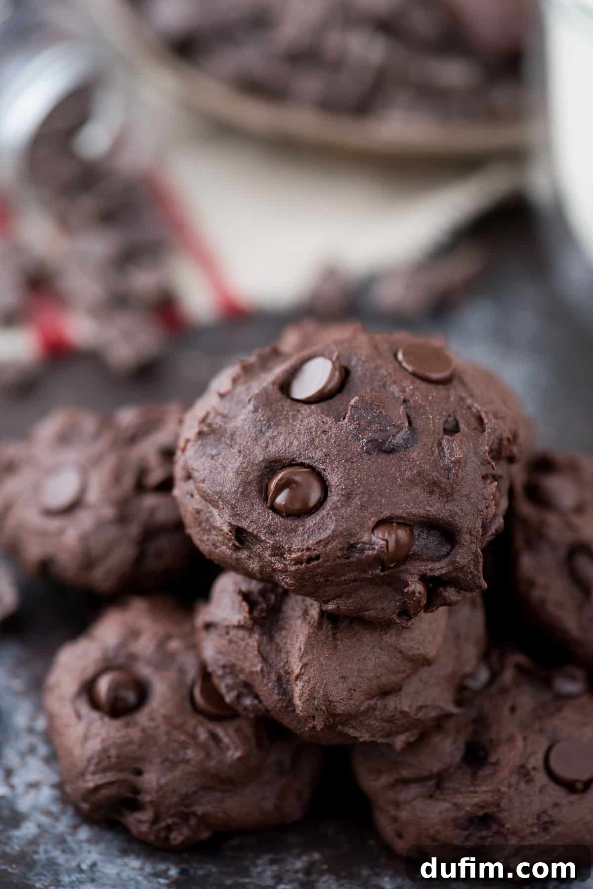Stack of Healthier Dark Chocolate Cookies A perfectly arranged stack of healthier dark chocolate coconut oil cookies, ready to be enjoyed or stored.