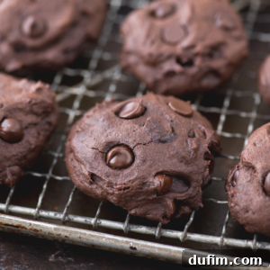 Close-up of thick, soft healthier chocolate cookies with chocolate chips, cooling on a metal wire rack. The cookies appear rich, fudgy, and freshly baked.