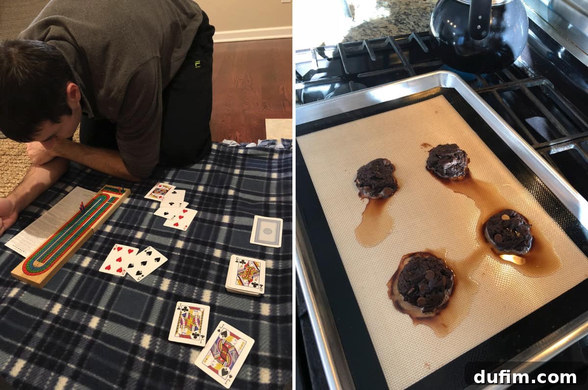First image shows a cribbage board with cards, second image shows a less-than-perfectly-plated meal.