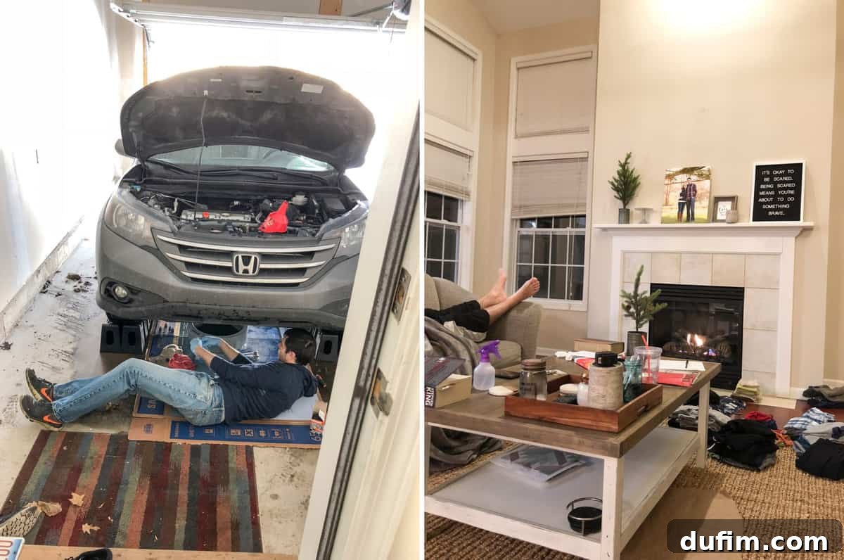 Ryan changing car oil under the hood, showcasing his DIY skills, contrasted with a cozy but messy weekend scene featuring a sleeping Ryan, laundry piles, and a fireplace.