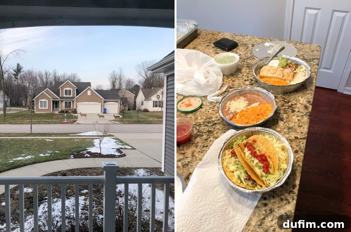 A deer walking casually on a sidewalk in a residential area, followed by a delicious-looking plate of gluten-free Mexican food from a local restaurant.