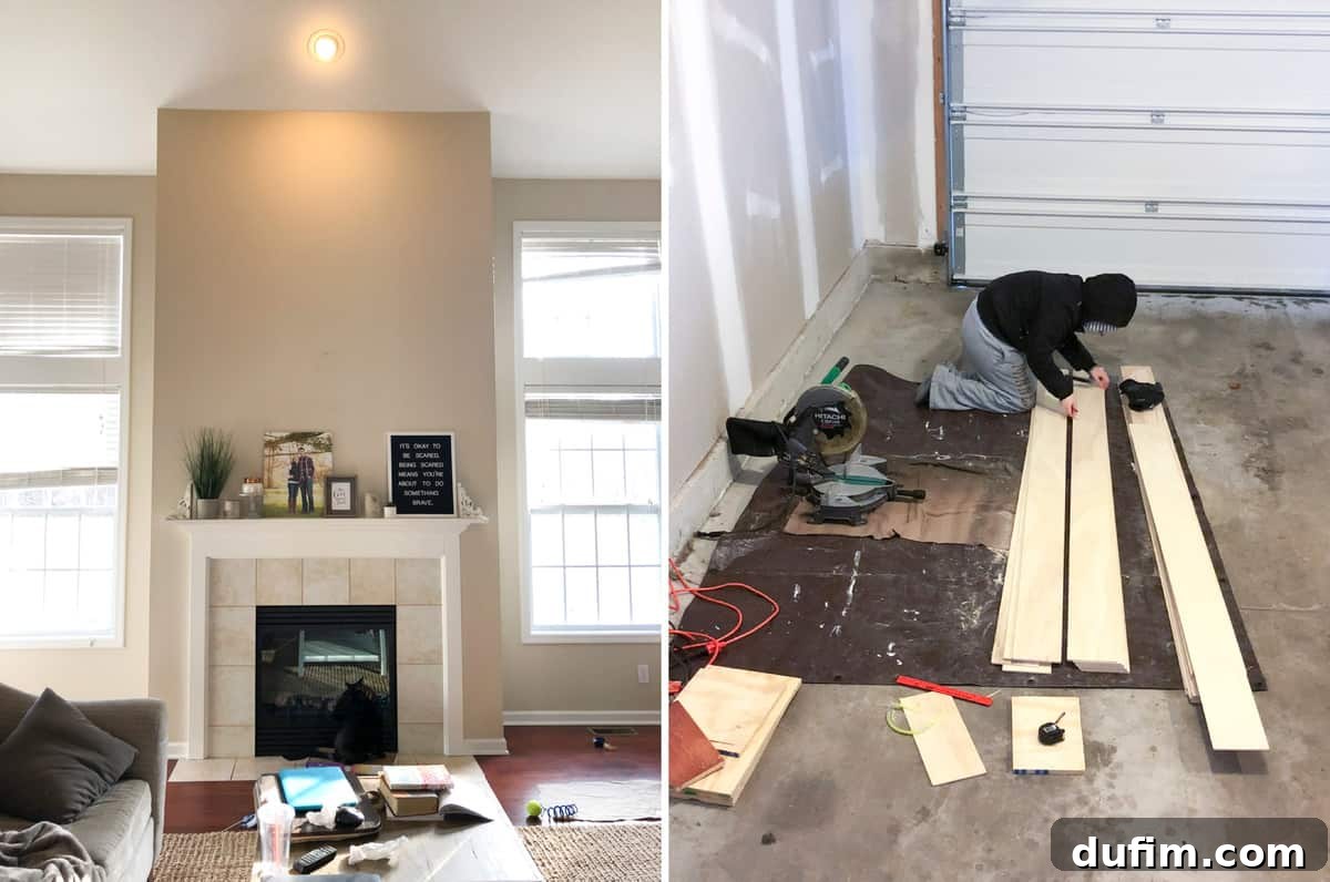 A fireplace wall with the initial stages of a shiplap installation project, showcasing the bare wall and some tools.