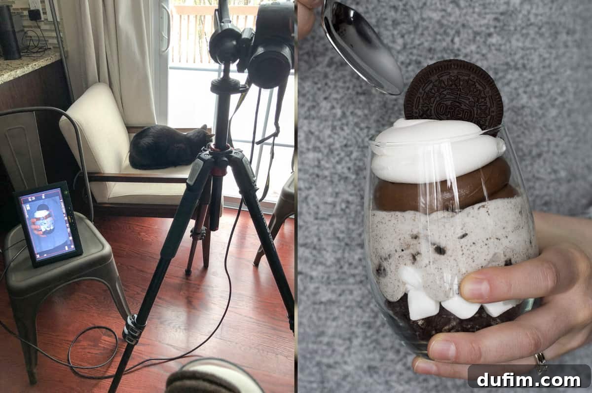 A complicated self-portrait setup showing hands arranging food, with the camera remote strategically held in teeth to trigger the shutter.