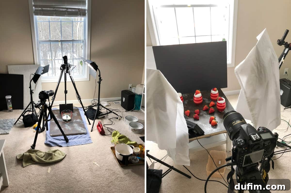 Behind-the-scenes view of a food video shoot setup, showing camera, lighting, and a carpeted floor prone to food spills.