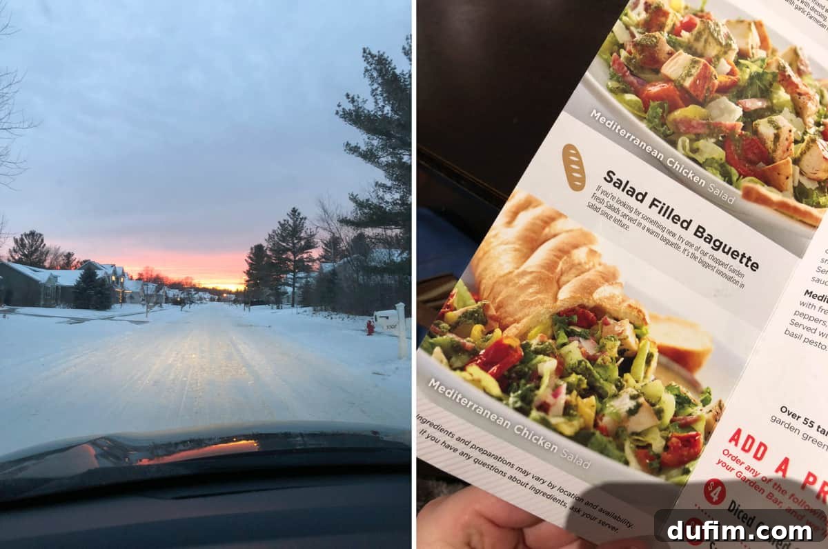 A beautiful winter sunset casting vibrant colors over a snowy landscape, followed by a close-up of a restaurant menu featuring 'salad filled baguette'.
