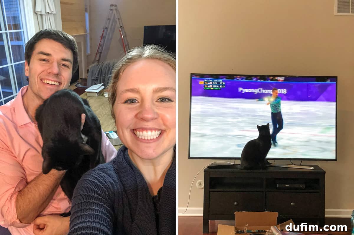 February's Off-Menu Moments 7 Family photo for Valentine's Day with a cat looking at TV