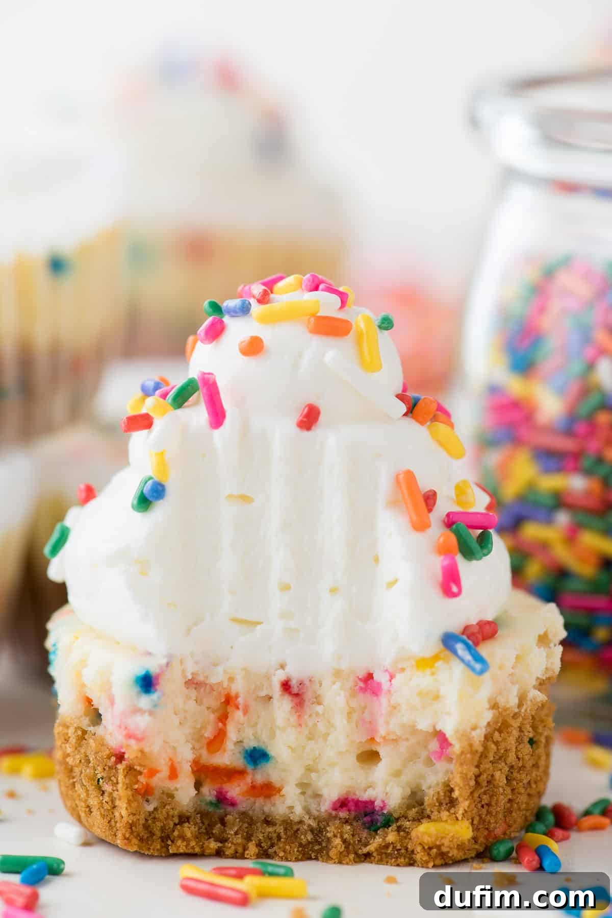 A vibrant mini funfetti cheesecake with a small bite taken out, revealing the creamy, sprinkle-filled interior and golden crust.