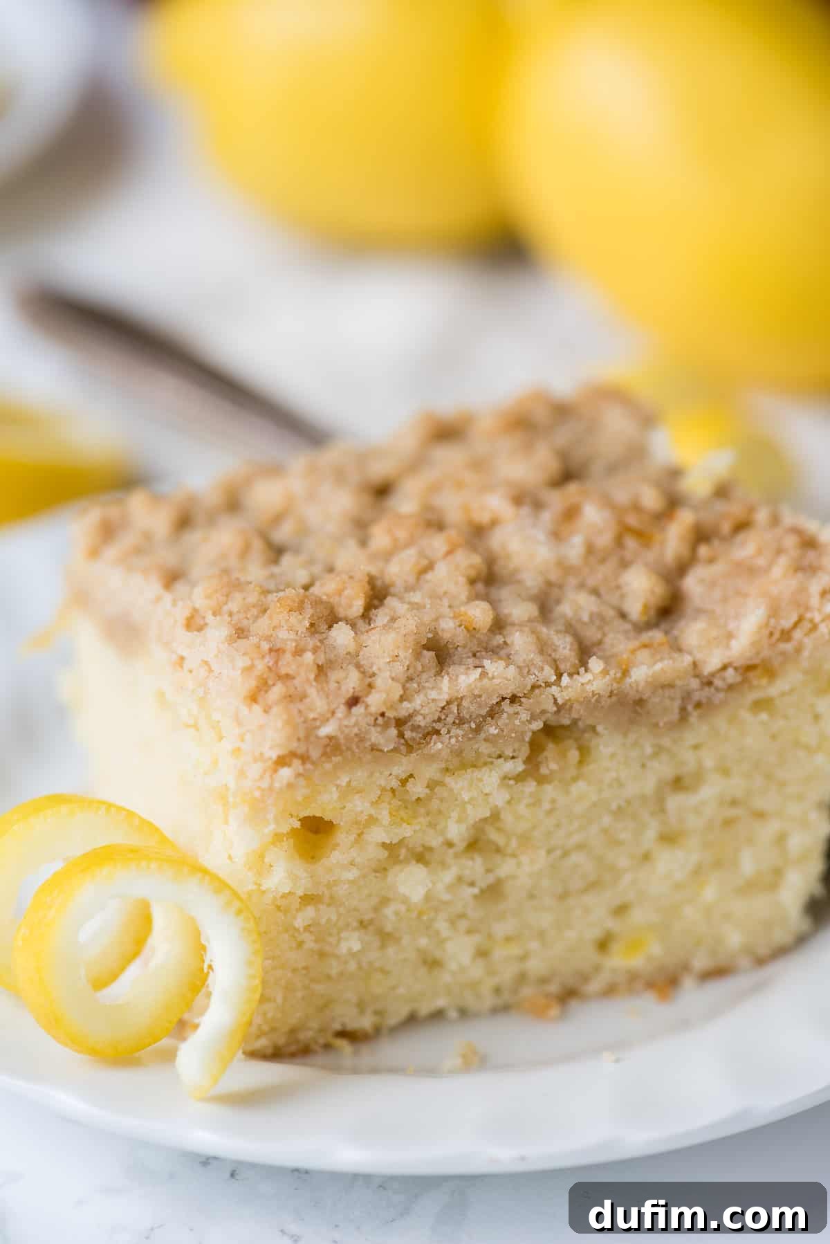 A close-up of the lemon crumb cake shows its perfectly baked, golden-brown crumb topping with specks of lemon zest.
