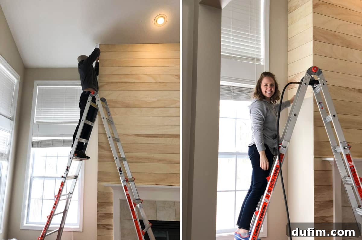 Progress photos of the shiplap installation project, showing wood planks being nailed to walls with assistance for difficult angles.