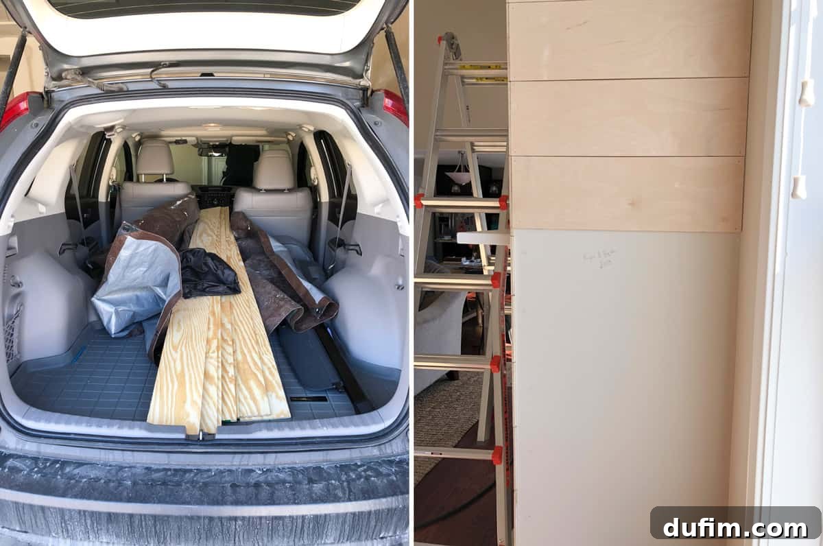 The owner holding up the wrong type of wood purchased from Home Depot for a shiplap project, indicating a common DIY mistake.