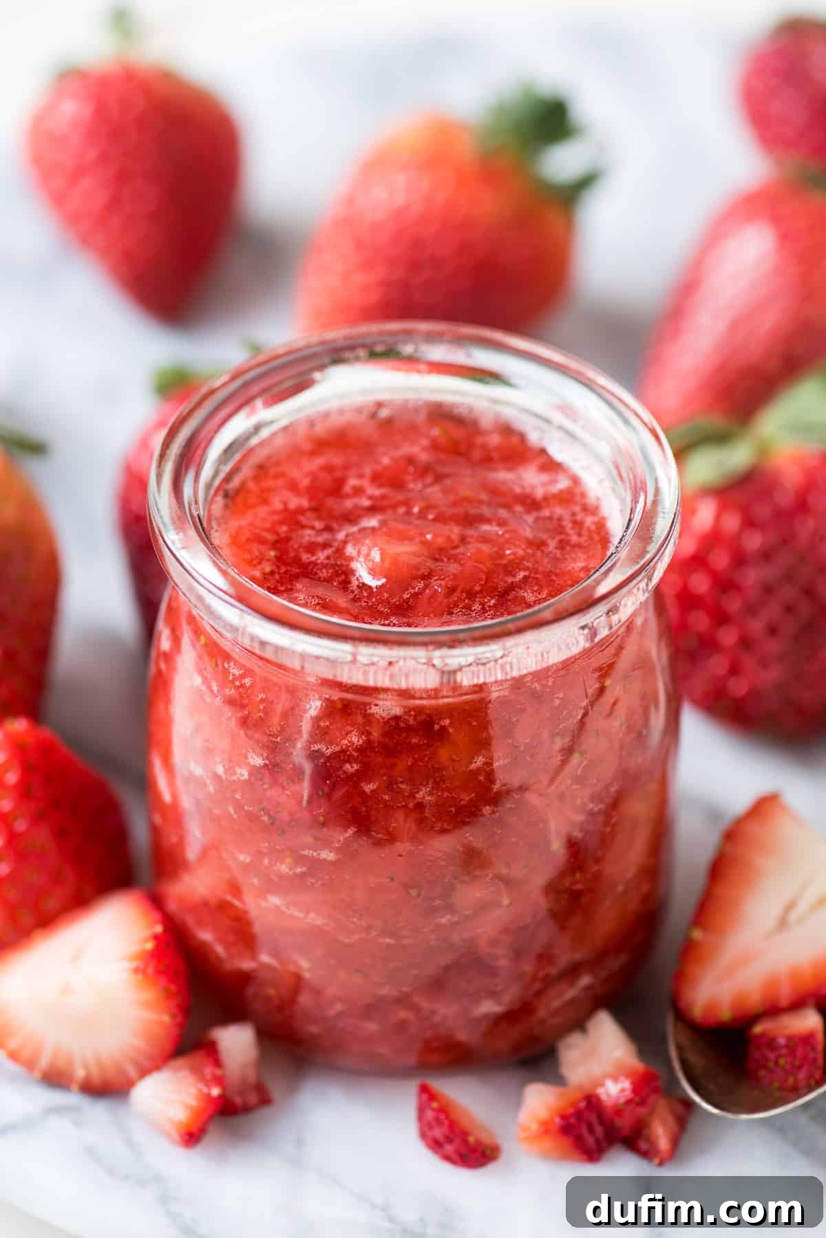 Luscious Strawberry Reduction 5 A close-up shot of the finished homemade strawberry sauce, showcasing its glossy texture and chunky pieces in a serving bowl.