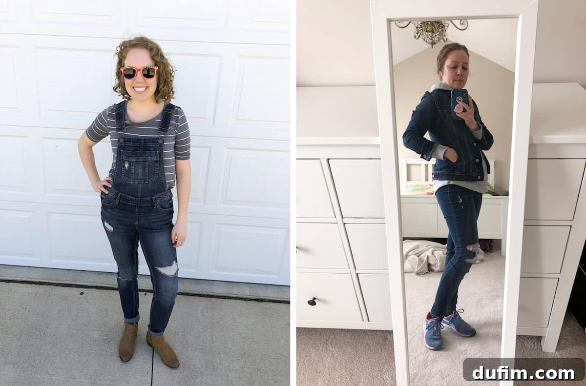 Beyond the Burner: April 8 Stylish outfit featuring denim overalls and another showing a denim-on-denim look