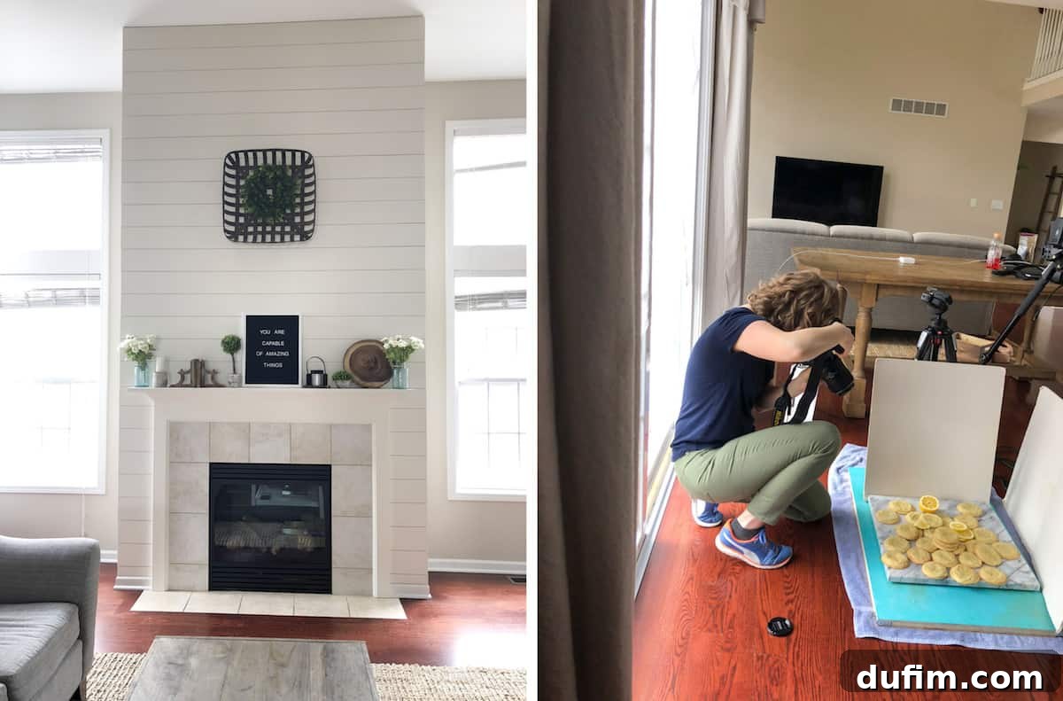 Beyond the Burner: April 9 Finished shiplap fireplace wall decorated, and a behind-the-scenes shot of photographing cookies