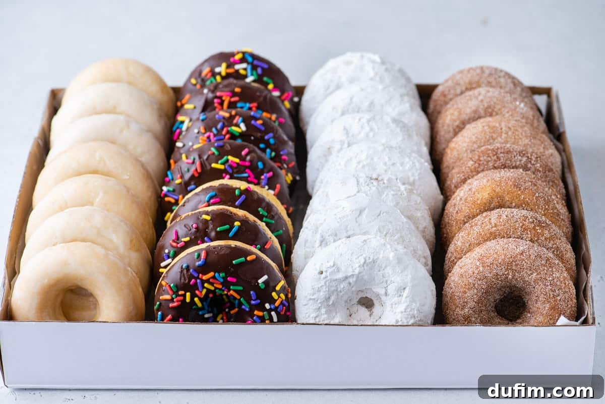 A charming donut box filled with an assortment of freshly baked donuts, each adorned with one of four different glazes: chocolate with sprinkles, classic vanilla, powdered sugar, and cinnamon sugar.