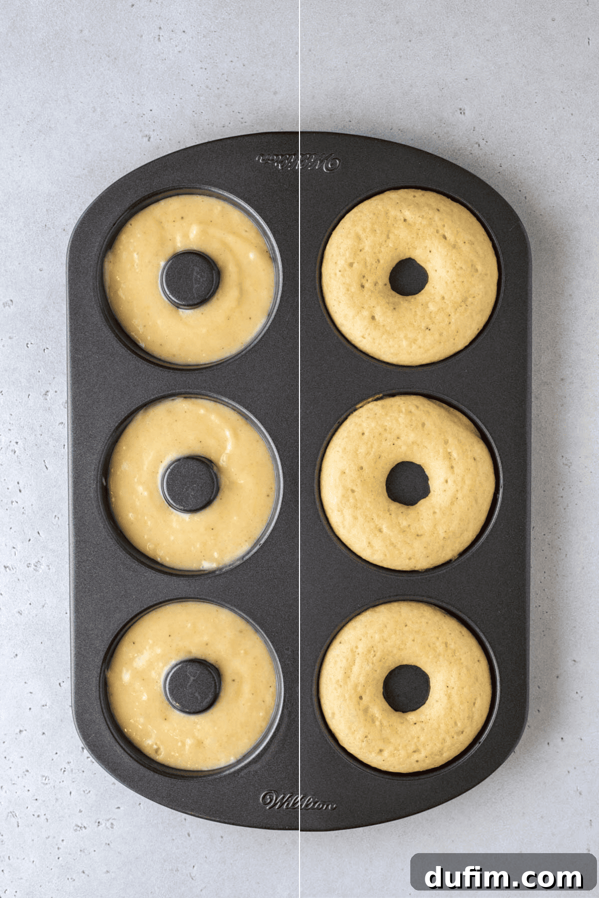 Freshly made homemade donut batter evenly piped into the wells of a donut baking pan, ready for the oven.