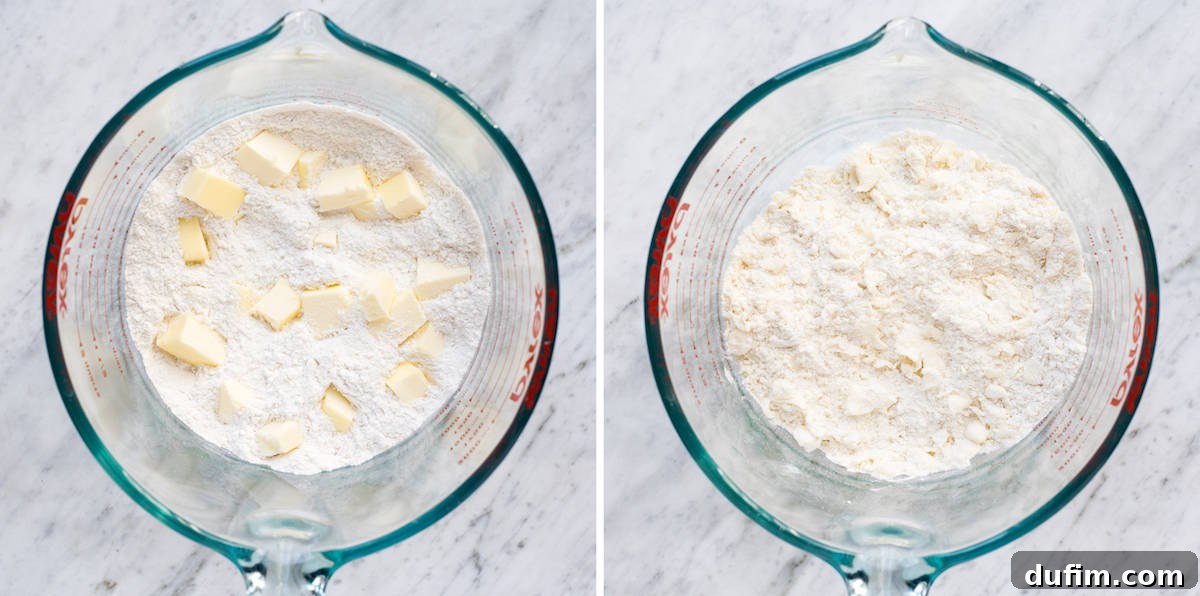 Collage showing the process of making pie crust in a glass bowl: mixing dry ingredients, cutting in cold butter, and adding liquid to form the dough.