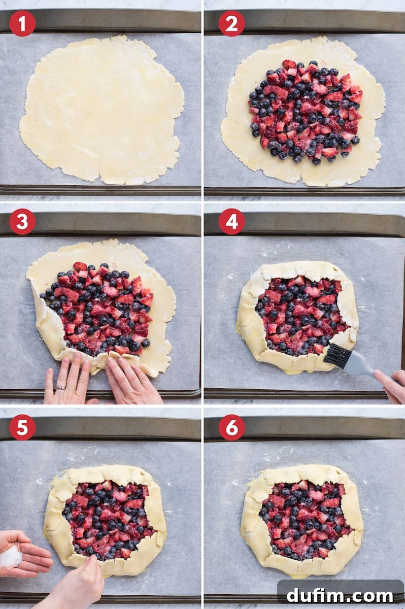 A six-panel collage illustrating the step-by-step process of making a mixed berry galette, from rolling out the dough to placing the fruit and folding the edges, with the final baked galette.