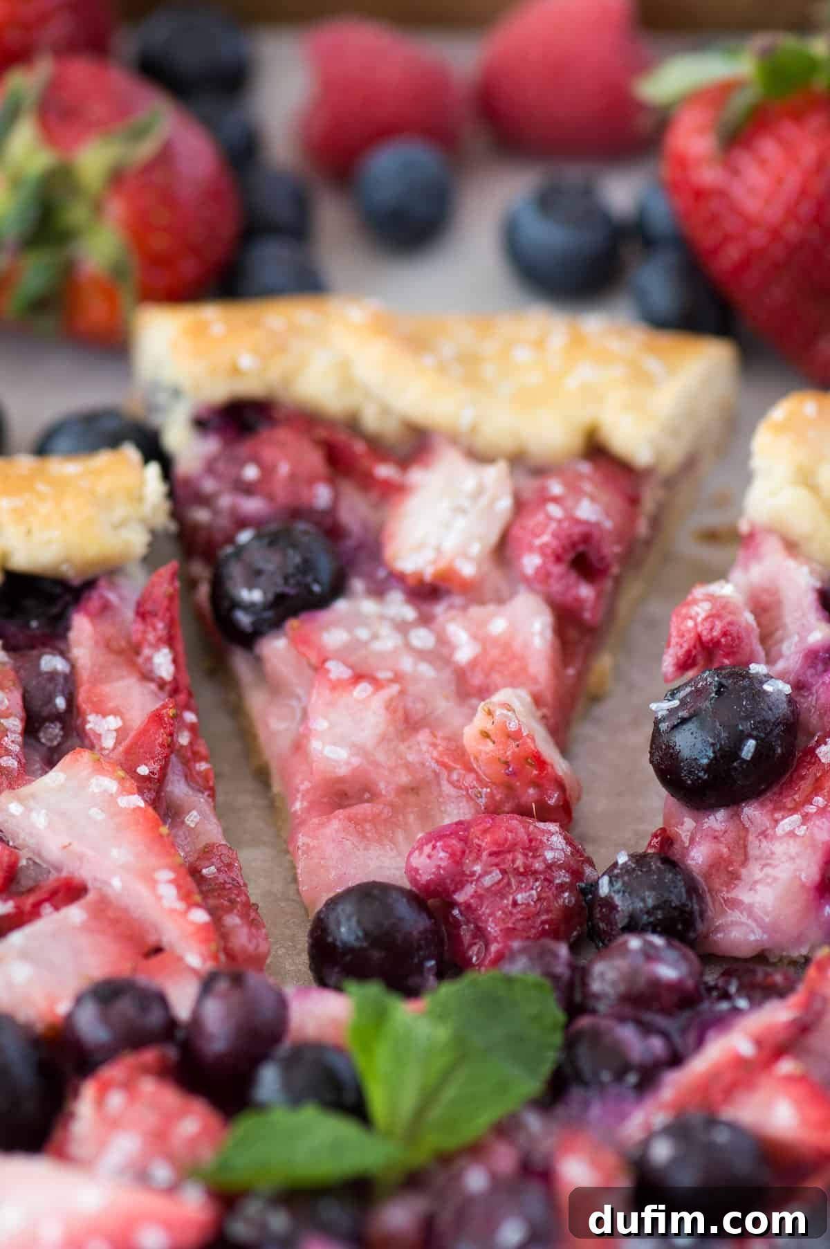 A delicious slice of mixed berry galette, revealing the rich berry filling of strawberries and blueberries within its flaky, golden crust, served on a plate.