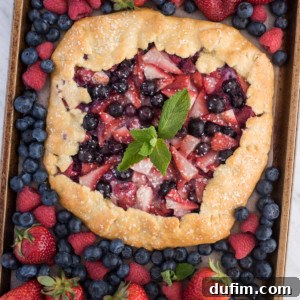 A rustic mixed berry galette topped with mint sits on a baking sheet, surrounded by fresh strawberries, blueberries, and raspberries, highlighting the vibrant flavors of this homemade mixed berry galette.