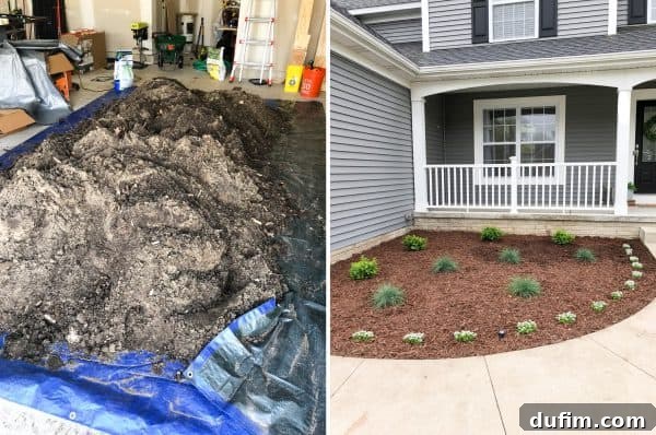 Transformed front garden landscape with fresh soil and plants, showcasing a successful DIY project