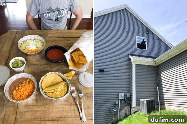 Table laden with Mexican food including salsa, guacamole, and chips; inset image of Ryan's legs sticking out of a window