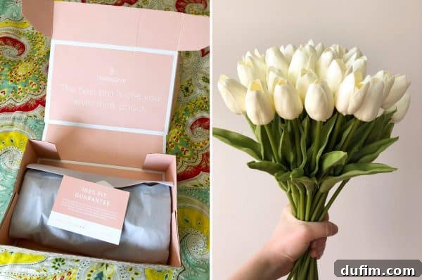 Uncomfortable looking bra from ThirdLove; a beautiful bouquet of realistic faux pink tulips in a vase