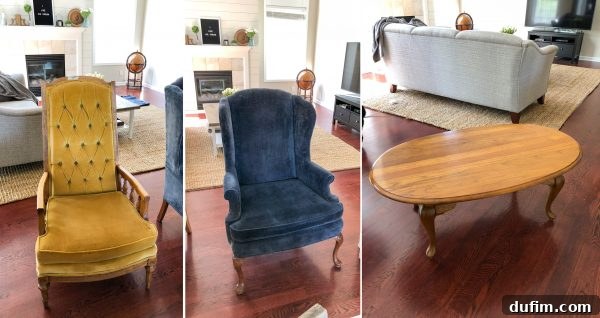 Two vintage-style chairs and a coffee table found at a garage sale