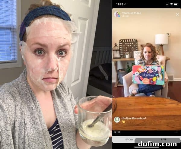 Collage of an egg white face mask application and a live stream setup with friends